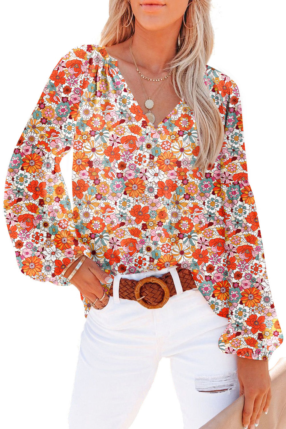 Golden Apricot Floral Print V Neck Long Puff Sleeve Top