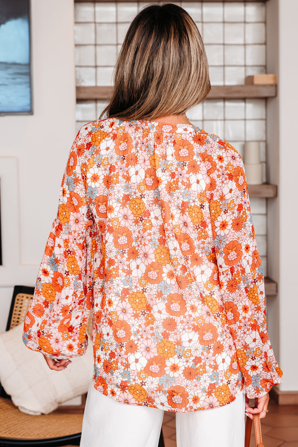 Golden Apricot Floral Print V Neck Long Puff Sleeve Top