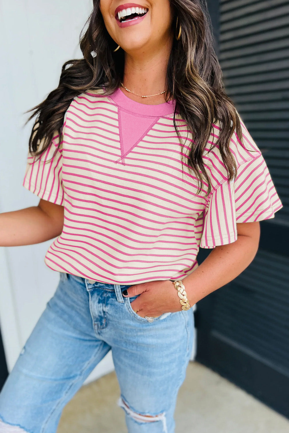 Bright Green Contrast Detail Striped Ruffle Short Sleeve Top