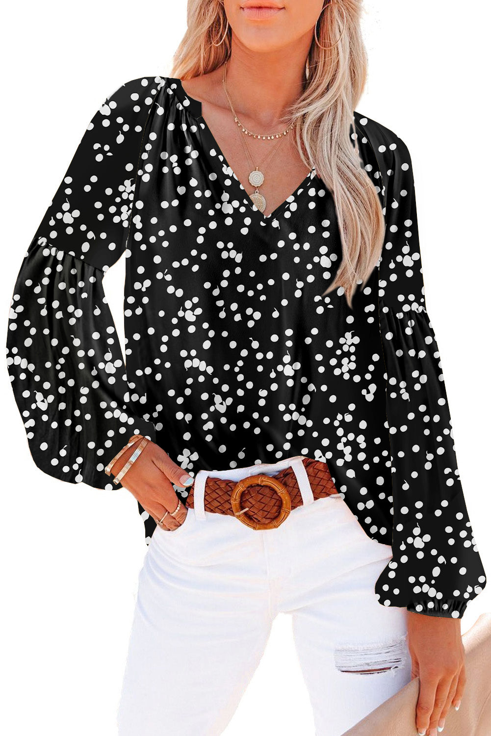Golden Apricot Floral Print V Neck Long Puff Sleeve Top