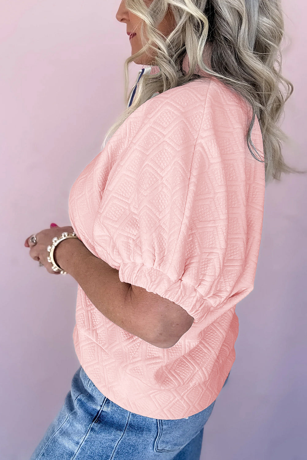 White Contrast Striped Collar Patchwork Textured Half Sleeve Blouse