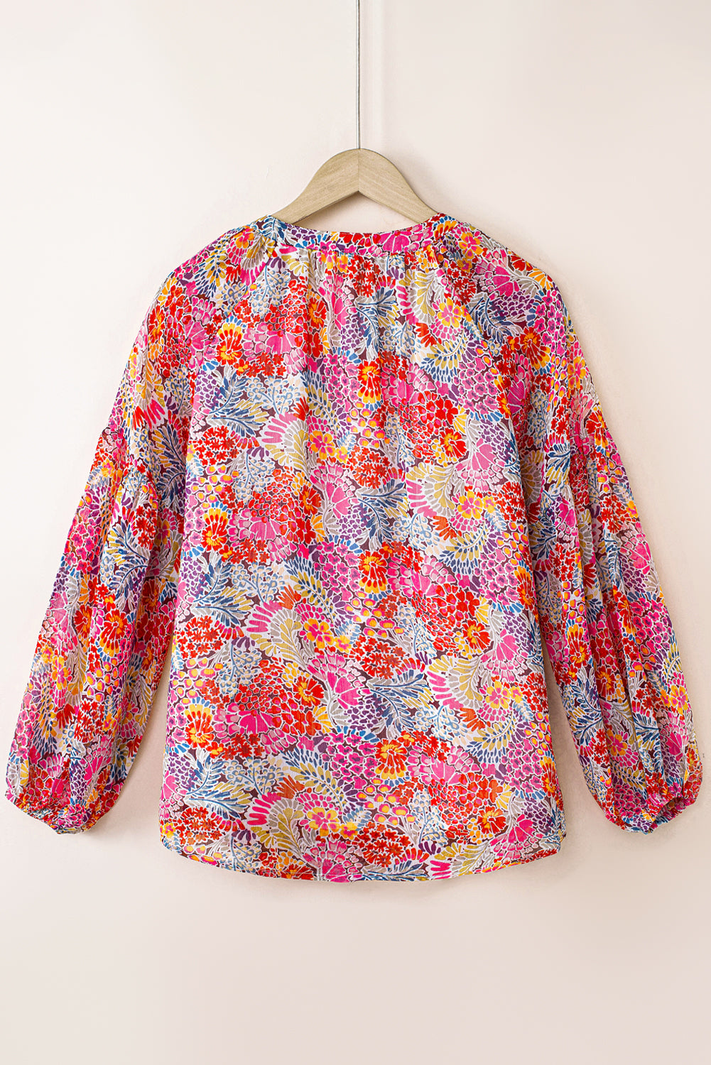 Golden Apricot Floral Print V Neck Long Puff Sleeve Top