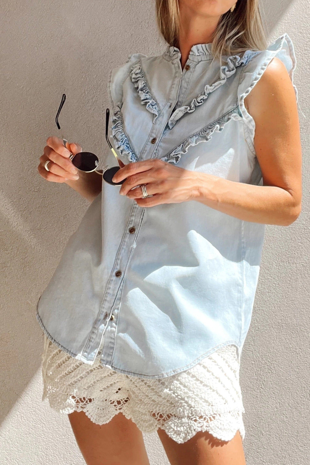 Sky Blue Mineral Wash Frilled Button Up Denim Shirt