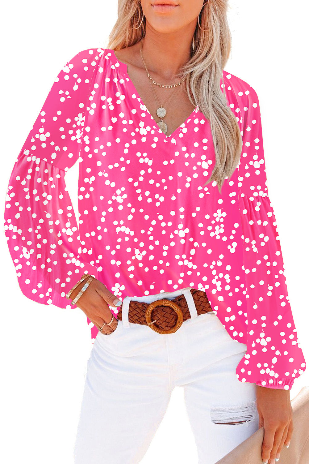 Golden Apricot Floral Print V Neck Long Puff Sleeve Top