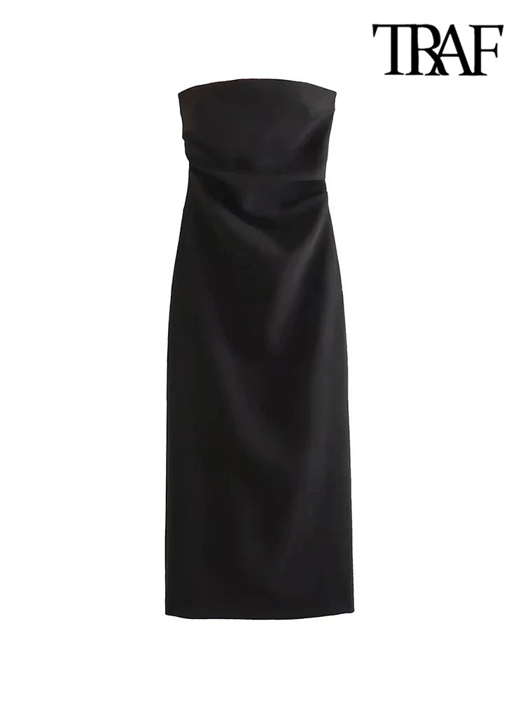 Women Fashion Strapless Gathered Midi Dress Sexy Straight Neck Back Slit Female Dresses Vestidos Mujer