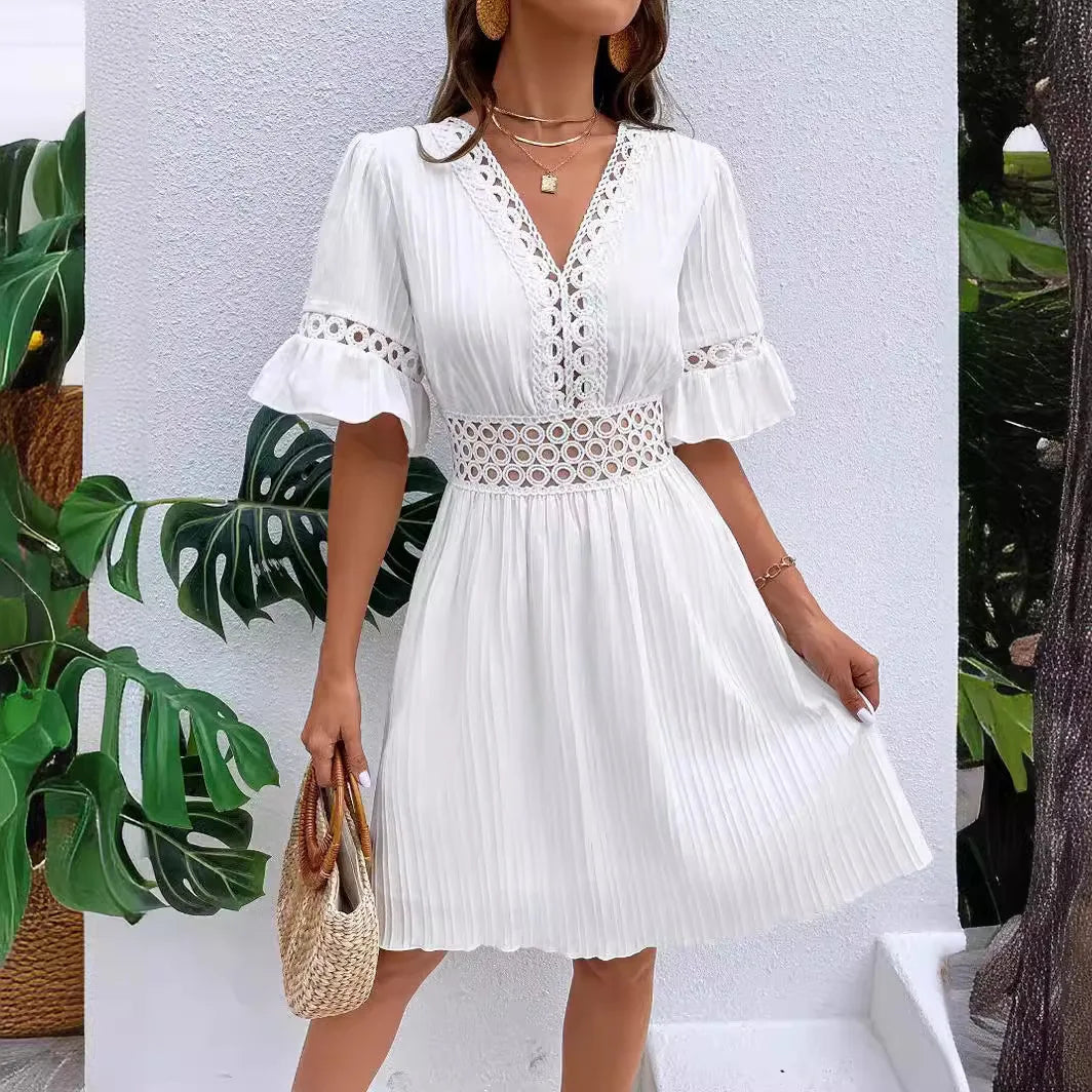 Bohemian White Women Dresses For 2025 Spring Sexy Casual Holiday Beach Solid Sundress Half Sleeve Fashion Hollow Female Clothing