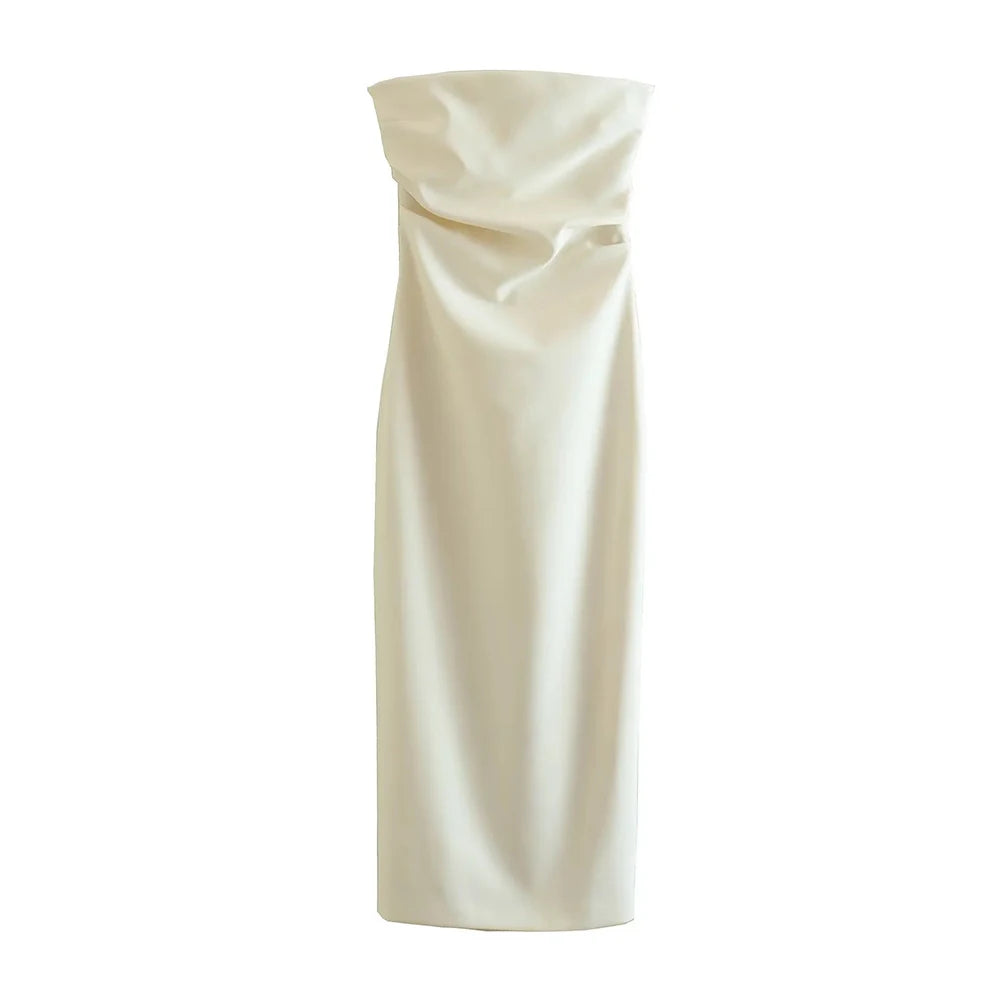 Women Fashion Strapless Gathered Midi Dress Sexy Straight Neck Back Slit Female Dresses Vestidos Mujer