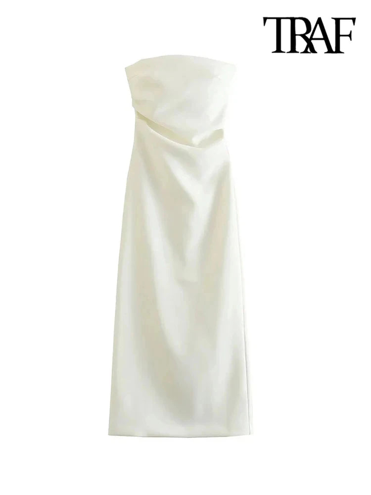 Women Fashion Strapless Gathered Midi Dress Sexy Straight Neck Back Slit Female Dresses Vestidos Mujer
