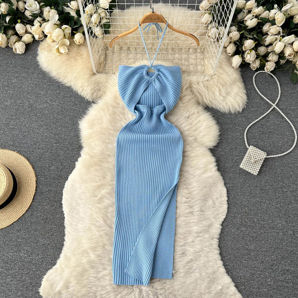 YuooMuoo Chic Fashion Sexy Package Hips Split Knitted Summer Dress Women Slim Elastic Bodycon Party Dress Streetwear Outfits