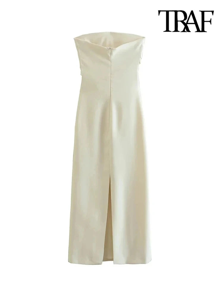 Women Fashion Strapless Gathered Midi Dress Sexy Straight Neck Back Slit Female Dresses Vestidos Mujer