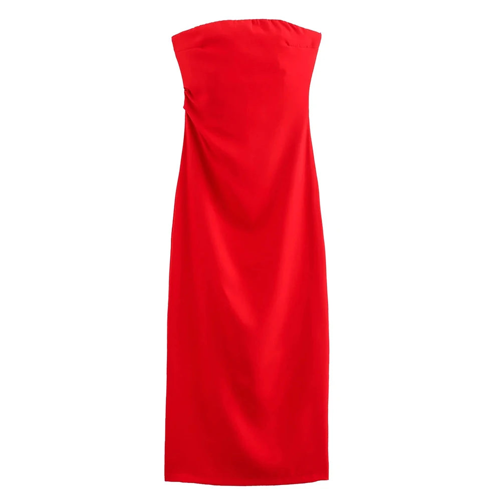 Women Fashion Strapless Gathered Midi Dress Sexy Straight Neck Back Slit Female Dresses Vestidos Mujer