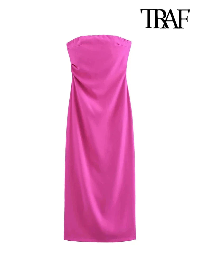 Women Fashion Strapless Gathered Midi Dress Sexy Straight Neck Back Slit Female Dresses Vestidos Mujer