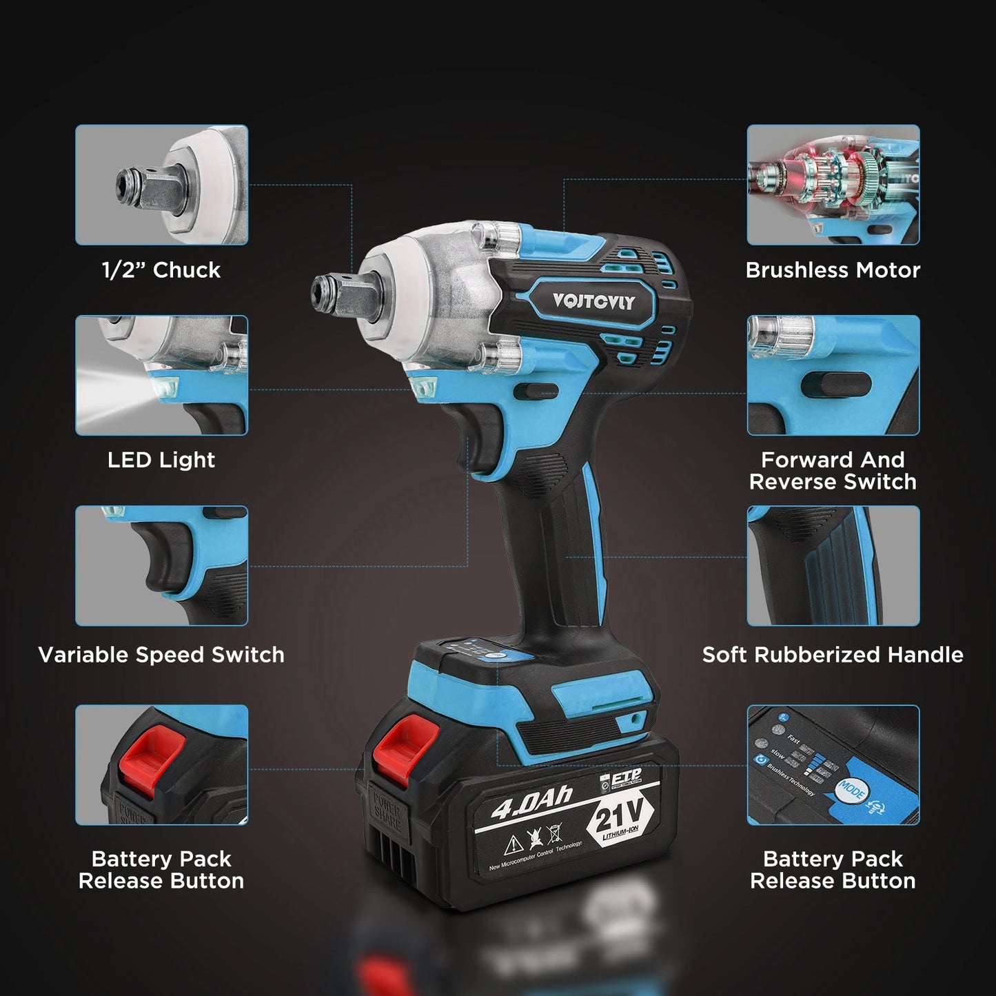 Brushless impact driver, 21V Cordless impact wrench 1/2 Inch, 2 × 4.0Ah impact drill tool set, 5 Sockets, 7 Drill, 6 Screws for