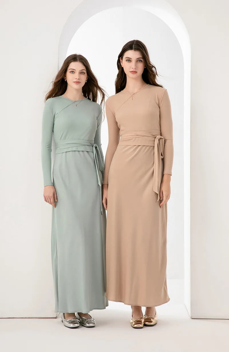 AS 2024 woman clothing high Stretch ribbing closed-fit wrap tops + Matte Satin dress Maxi matching sets ( Ship out in 1 day)