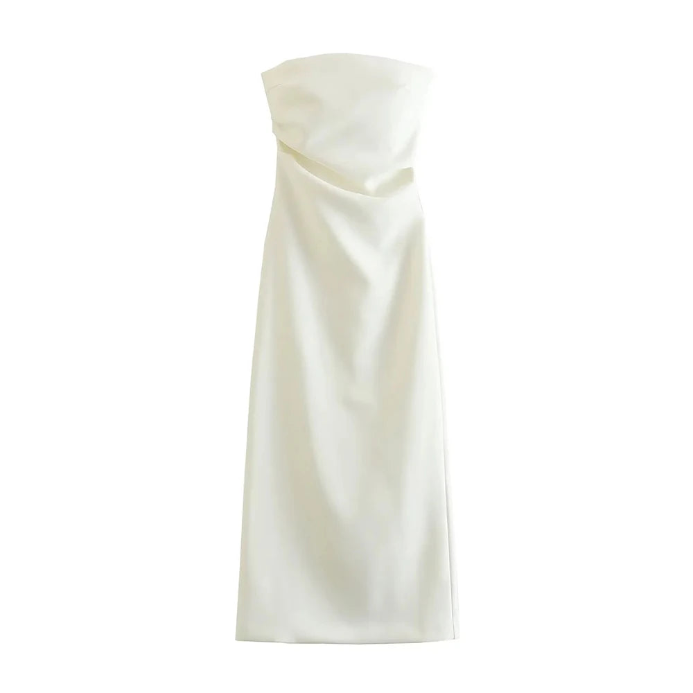 Women Fashion Strapless Gathered Midi Dress Sexy Straight Neck Back Slit Female Dresses Vestidos Mujer