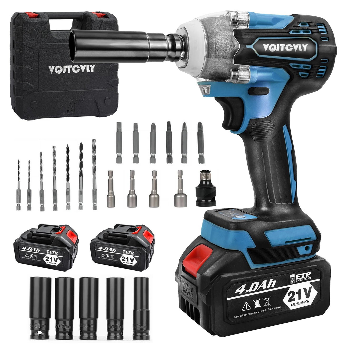 Brushless impact driver, 21V Cordless impact wrench 1/2 Inch, 2 × 4.0Ah impact drill tool set, 5 Sockets, 7 Drill, 6 Screws for