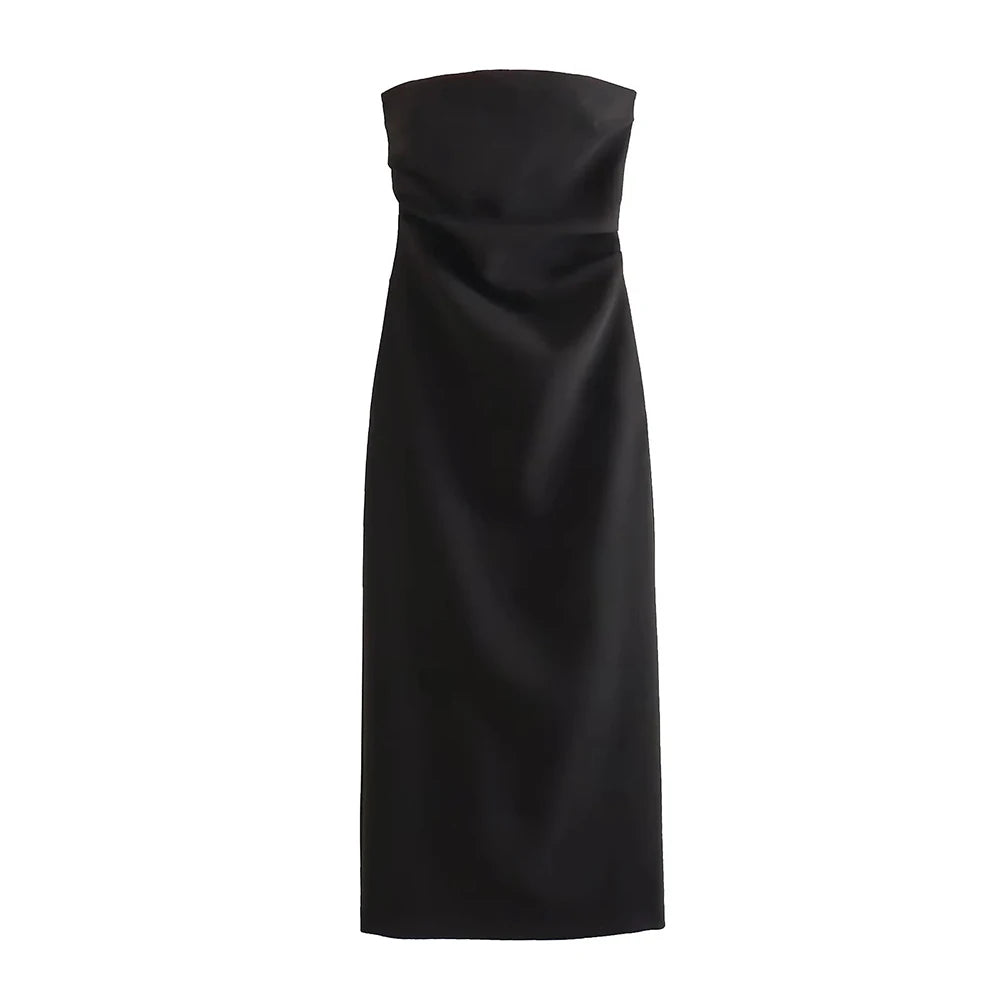 Women Fashion Strapless Gathered Midi Dress Sexy Straight Neck Back Slit Female Dresses Vestidos Mujer