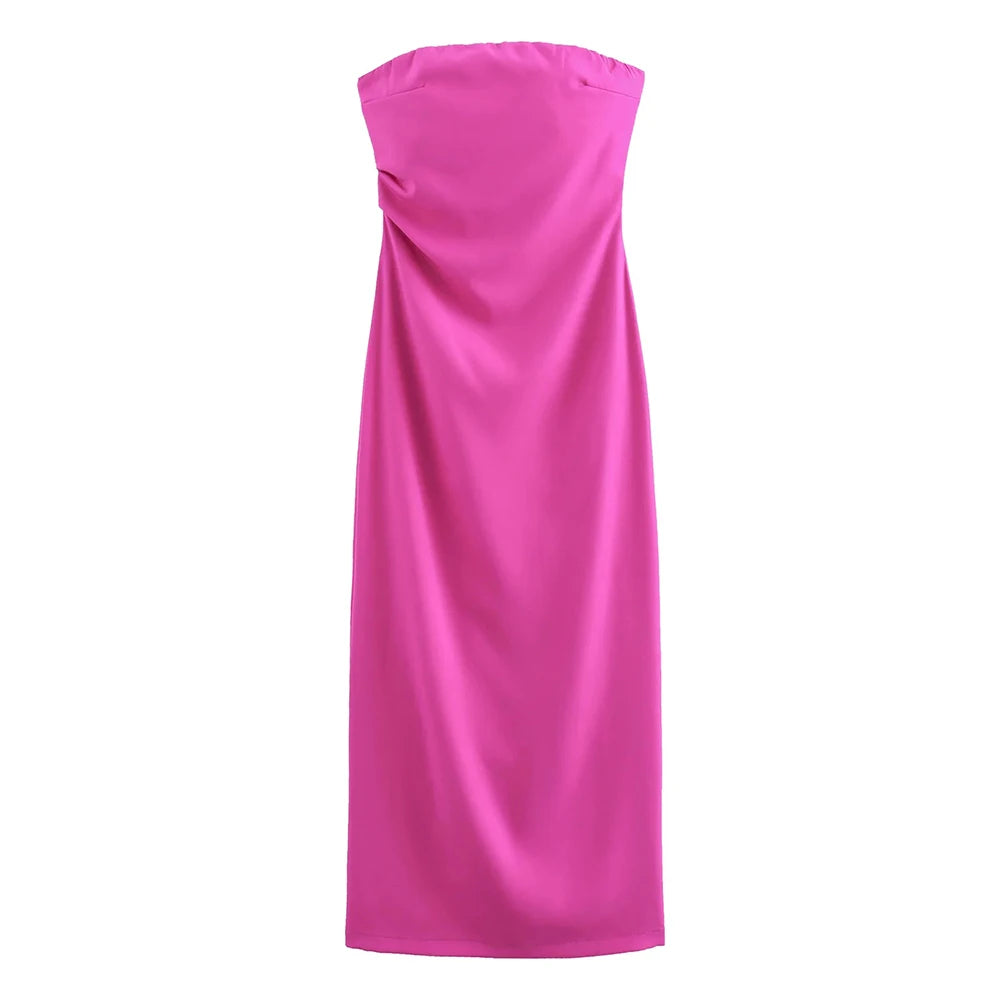 Women Fashion Strapless Gathered Midi Dress Sexy Straight Neck Back Slit Female Dresses Vestidos Mujer