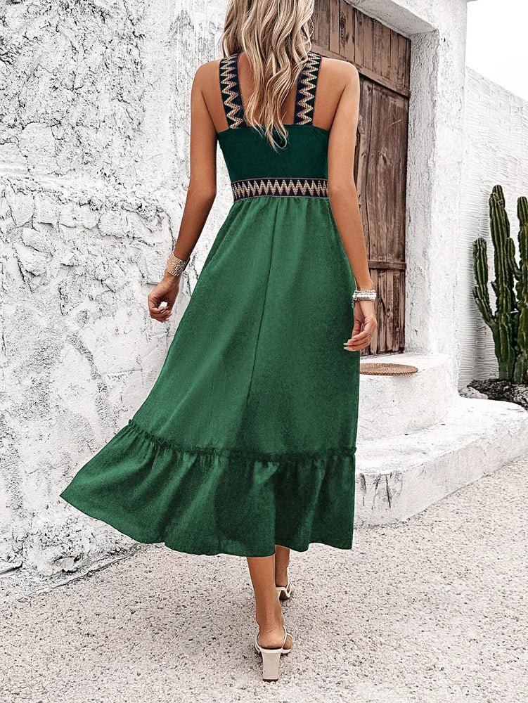 Elegant Halter Neck Cross Dress Fashion Lady Commuter Long Dress Summer New Contrasting Stitching High Waist Split Dresses Women