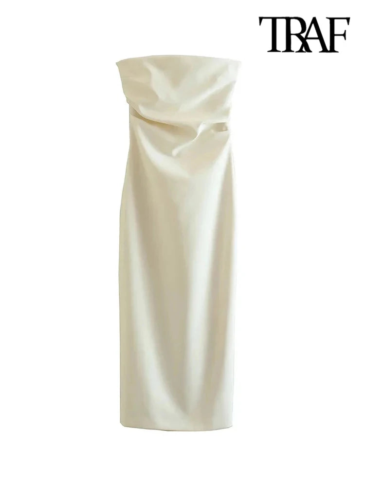 Women Fashion Strapless Gathered Midi Dress Sexy Straight Neck Back Slit Female Dresses Vestidos Mujer