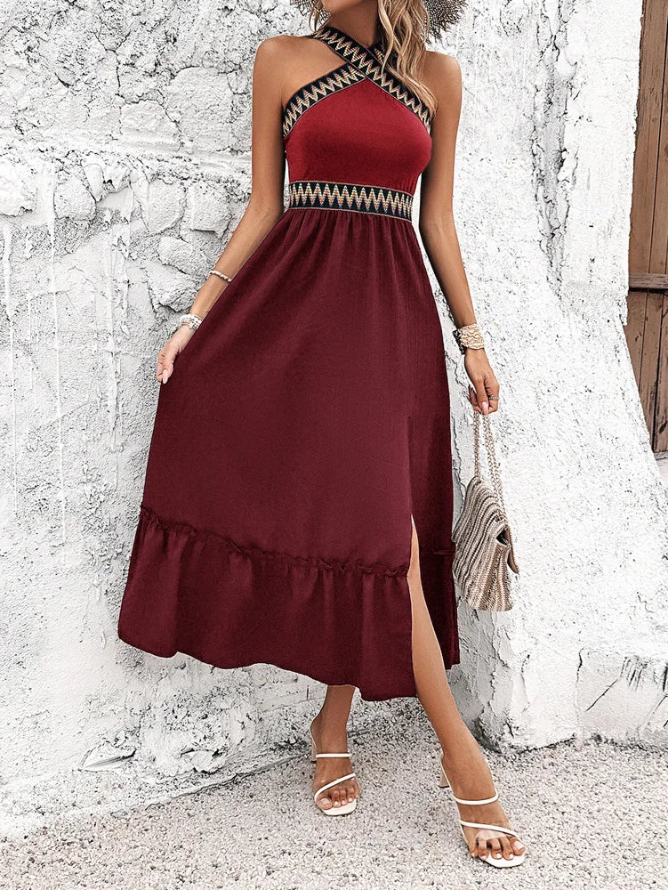 Elegant Halter Neck Cross Dress Fashion Lady Commuter Long Dress Summer New Contrasting Stitching High Waist Split Dresses Women