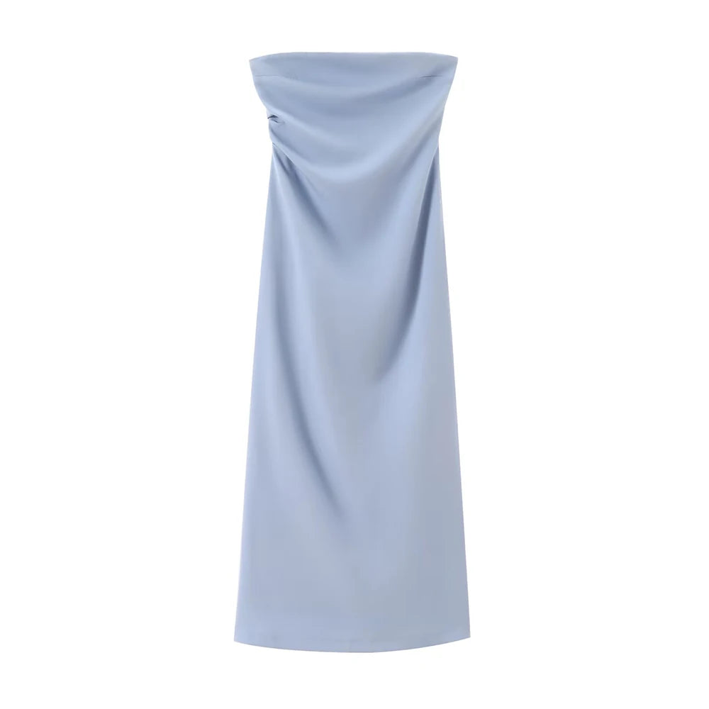 Women Fashion Strapless Gathered Midi Dress Sexy Straight Neck Back Slit Female Dresses Vestidos Mujer