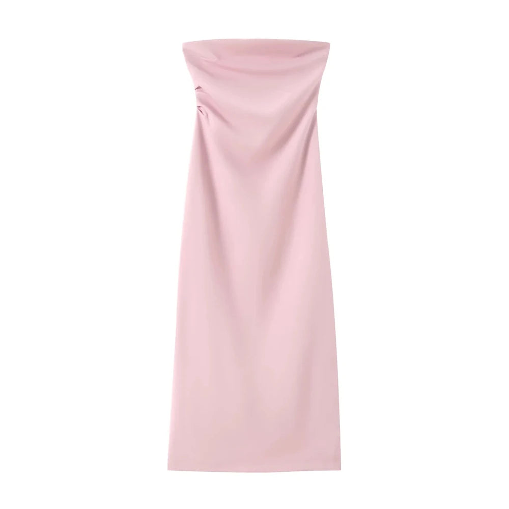 Women Fashion Strapless Gathered Midi Dress Sexy Straight Neck Back Slit Female Dresses Vestidos Mujer