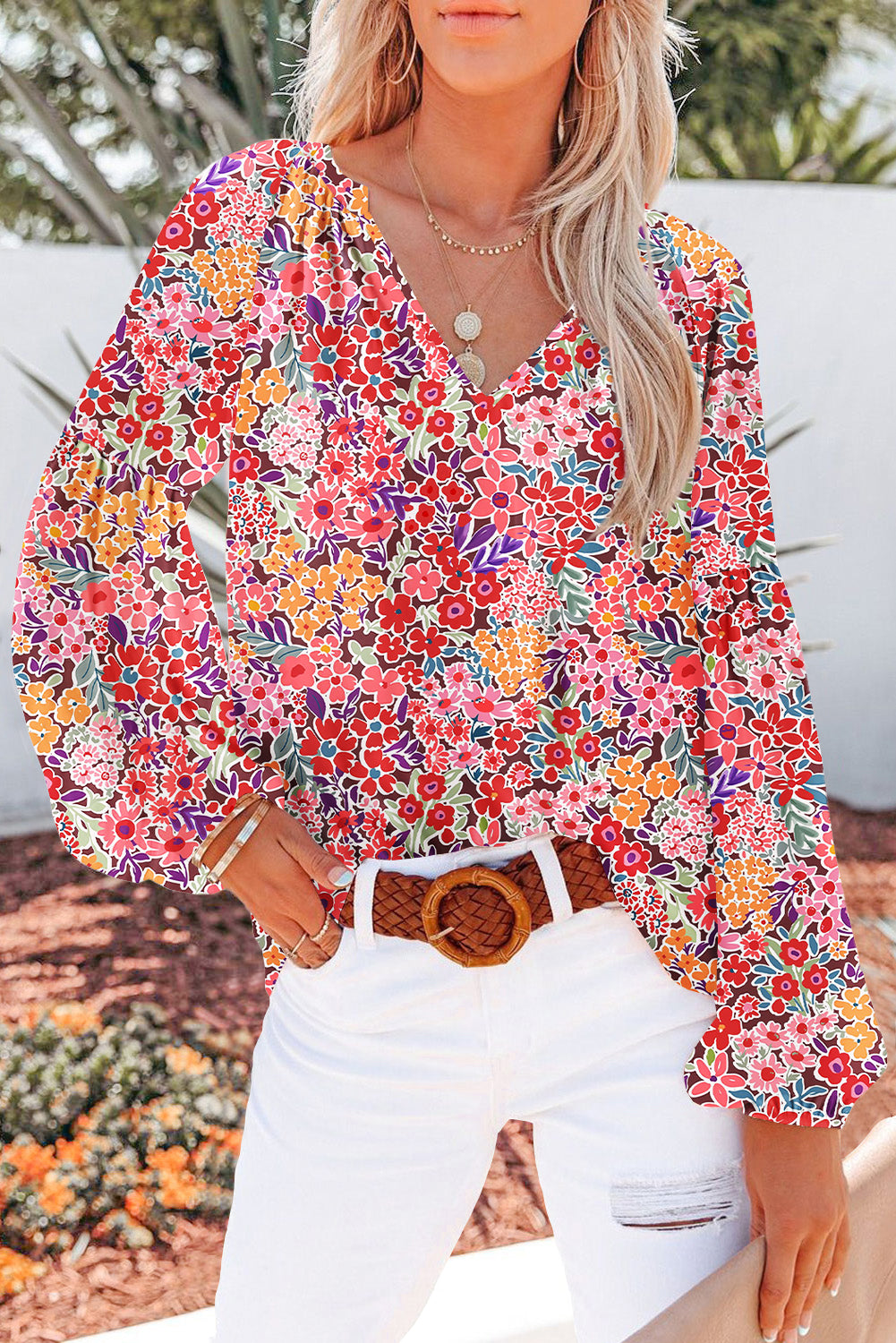Golden Apricot Floral Print V Neck Long Puff Sleeve Top