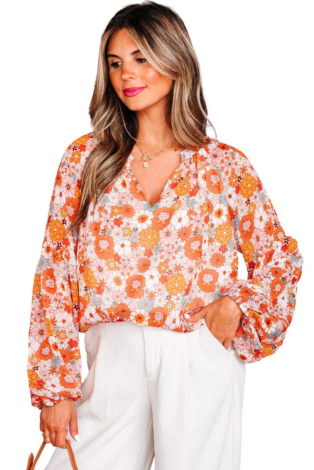 Golden Apricot Floral Print V Neck Long Puff Sleeve Top