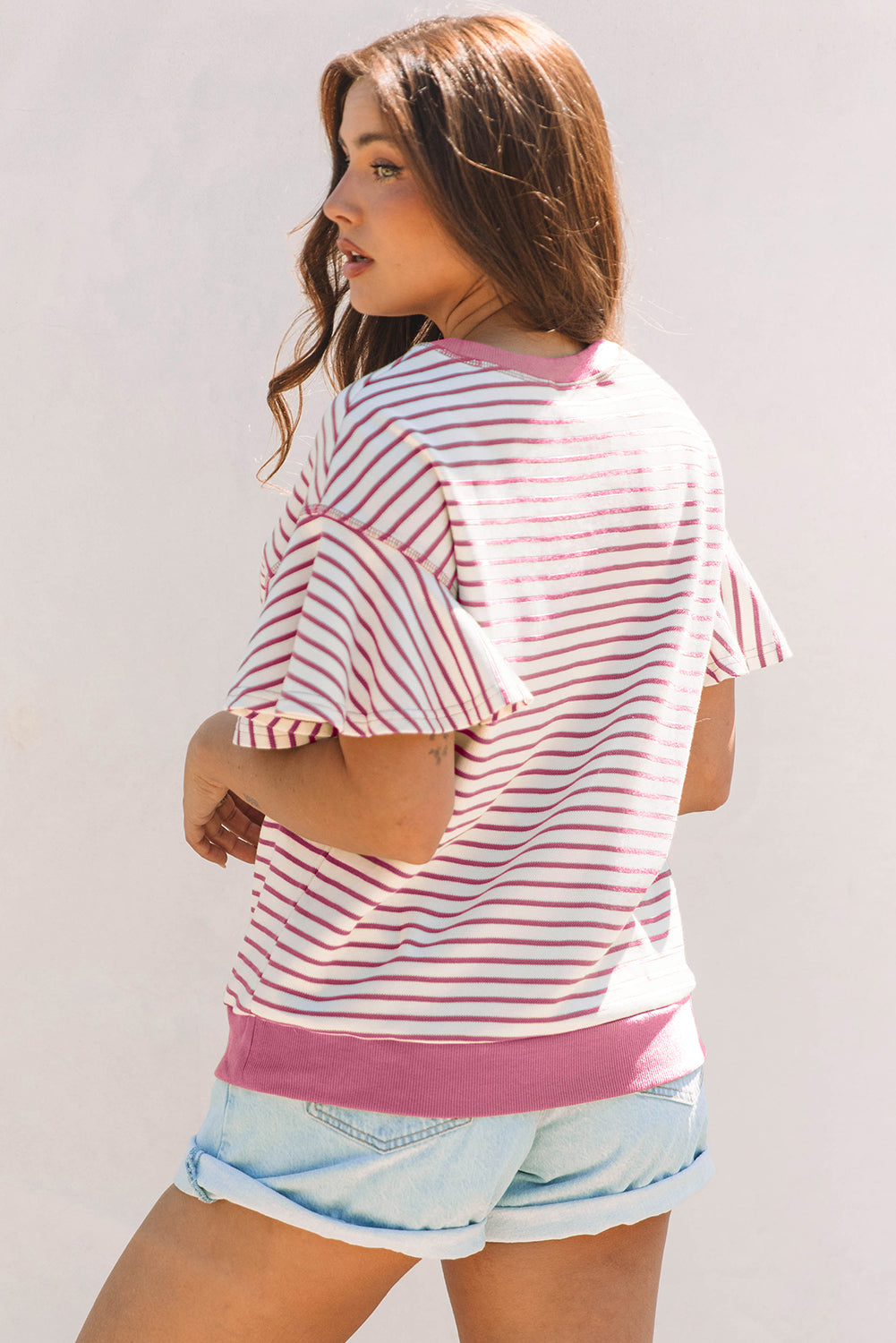 Bright Green Contrast Detail Striped Ruffle Short Sleeve Top
