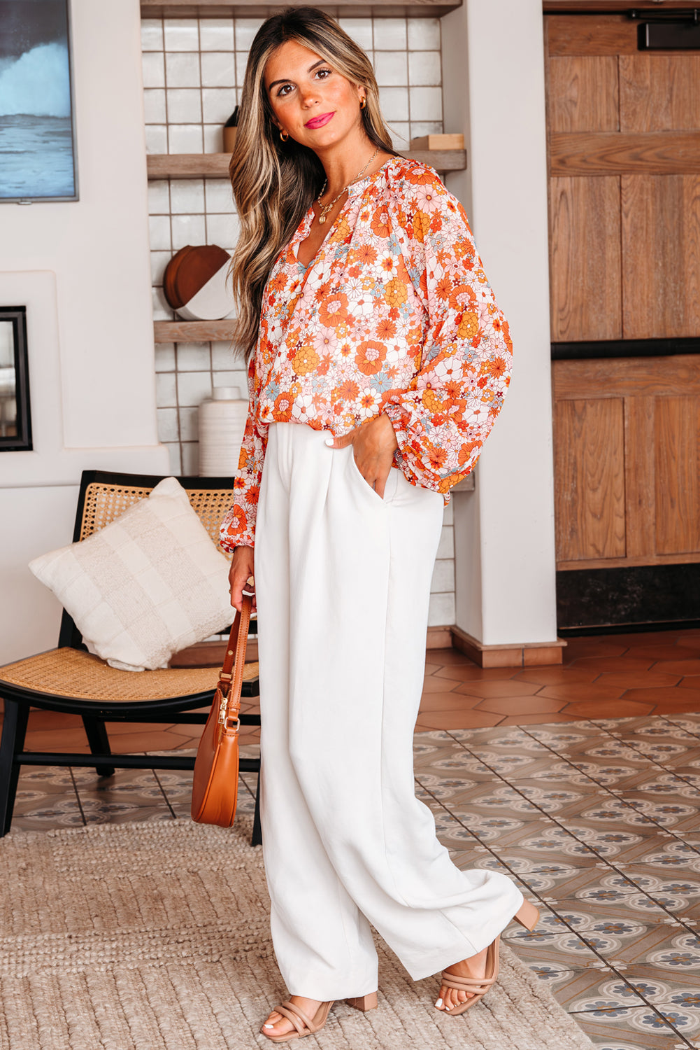 Golden Apricot Floral Print V Neck Long Puff Sleeve Top
