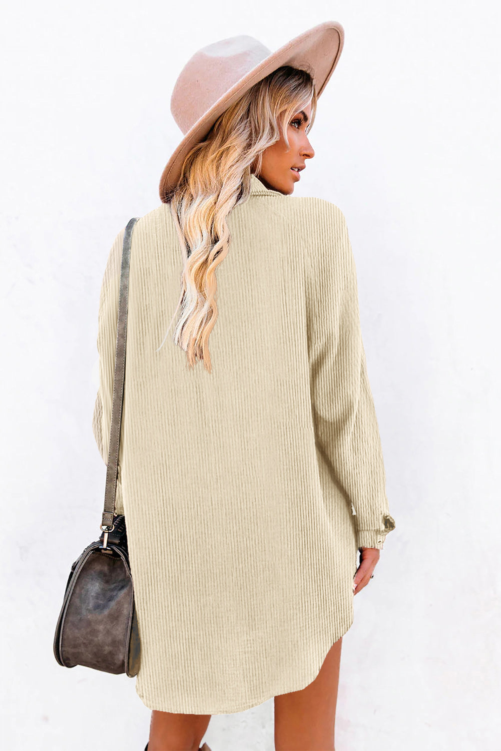 Blue Corduroy Shirt Style Full Button Long Sleeve Shift Mini Dress