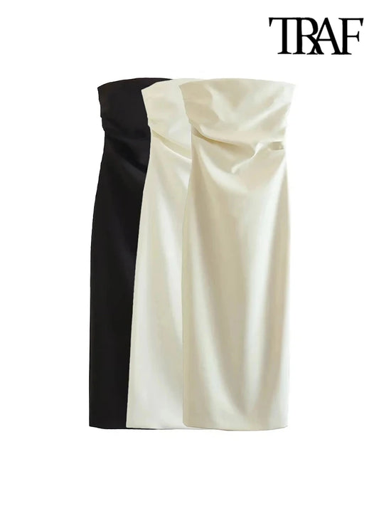 Women Fashion Strapless Gathered Midi Dress Sexy Straight Neck Back Slit Female Dresses Vestidos Mujer