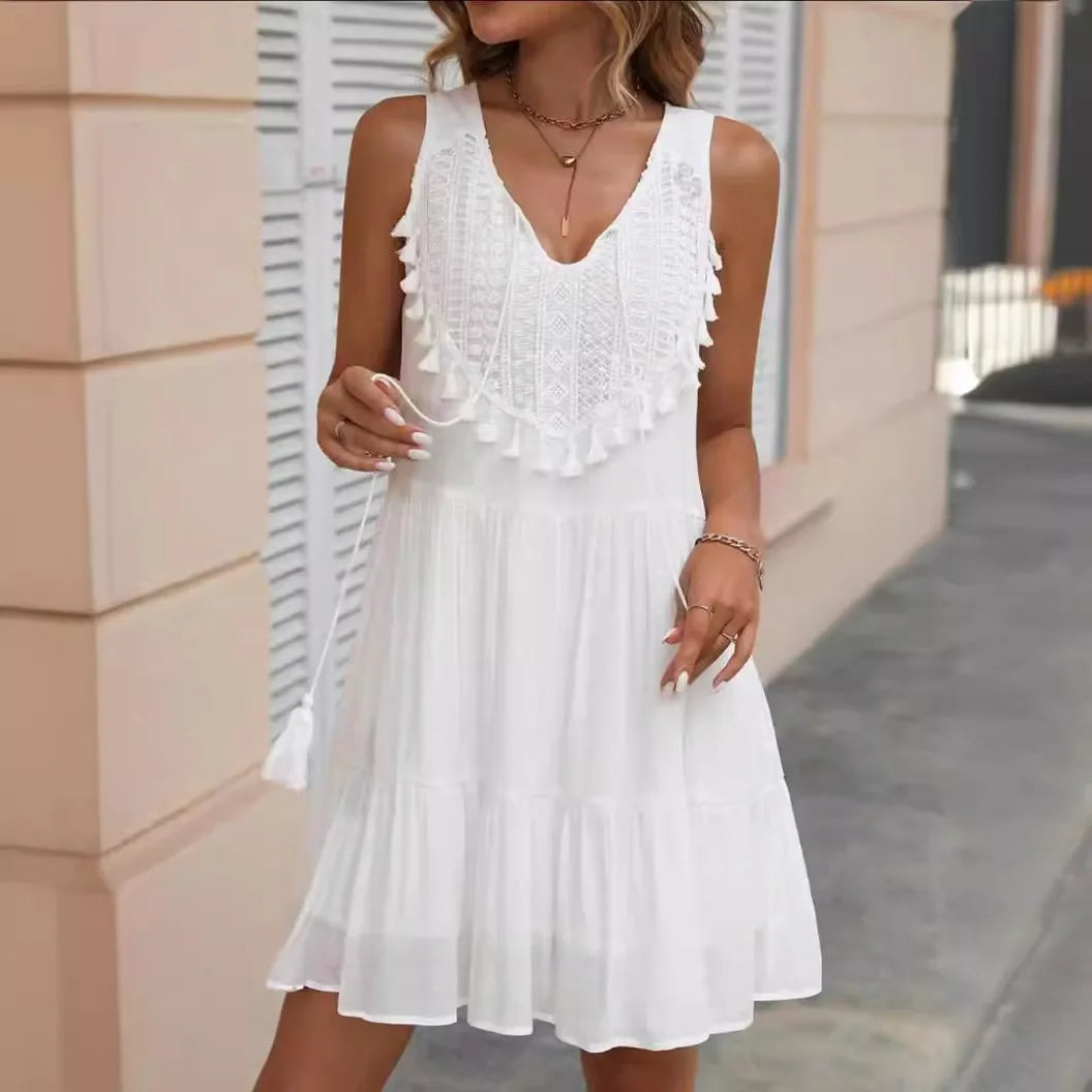 Fashion White Lace Tassel Mini Dresses For Women Splicing Casual Loose V Neck Sleeveless Beach Holiday Sundress Womens