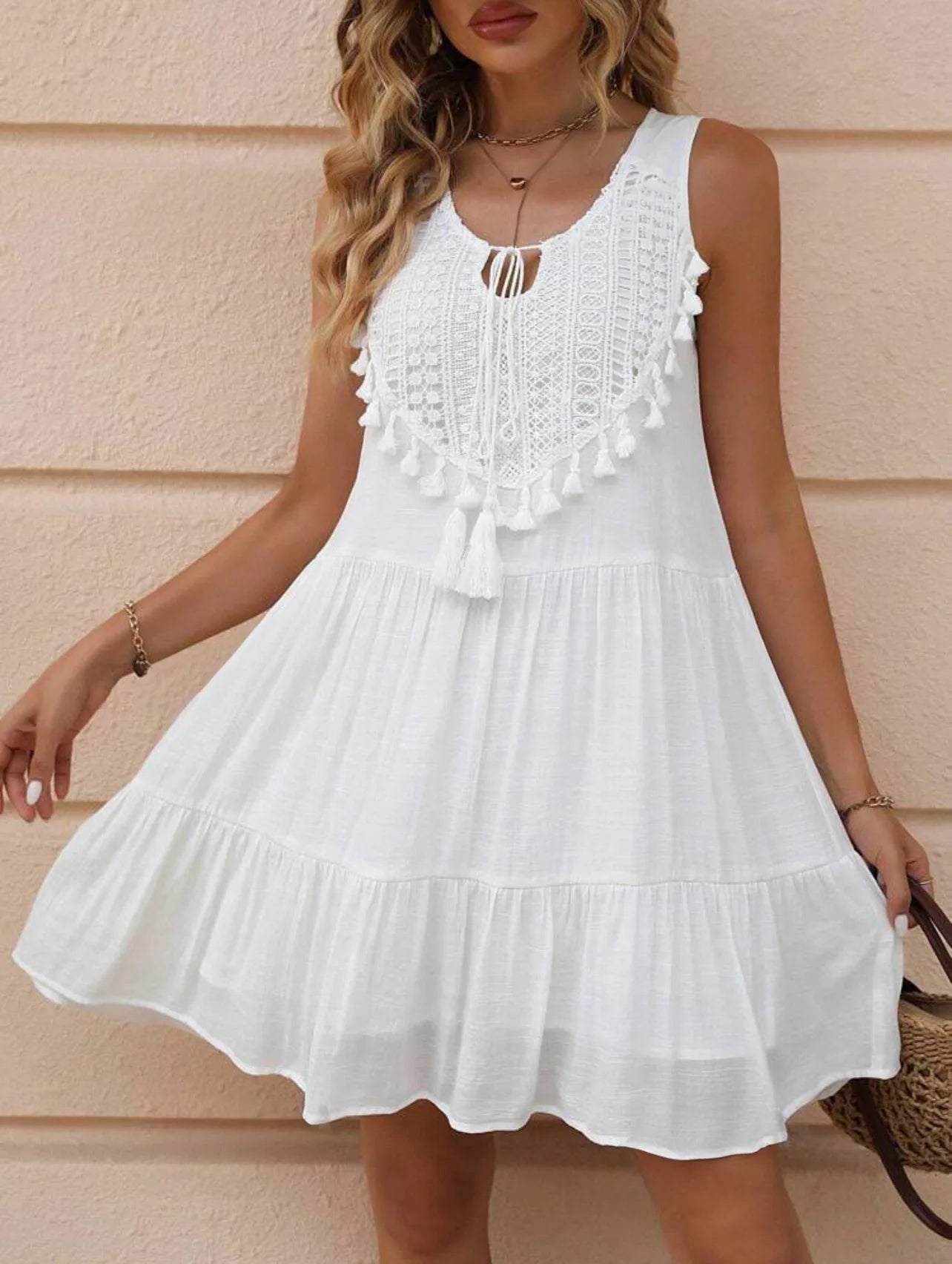 Fashion White Lace Tassel Mini Dresses For Women Splicing Casual Loose V Neck Sleeveless Beach Holiday Sundress Womens