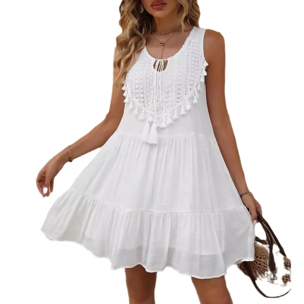 Fashion White Lace Tassel Mini Dresses For Women Splicing Casual Loose V Neck Sleeveless Beach Holiday Sundress Womens