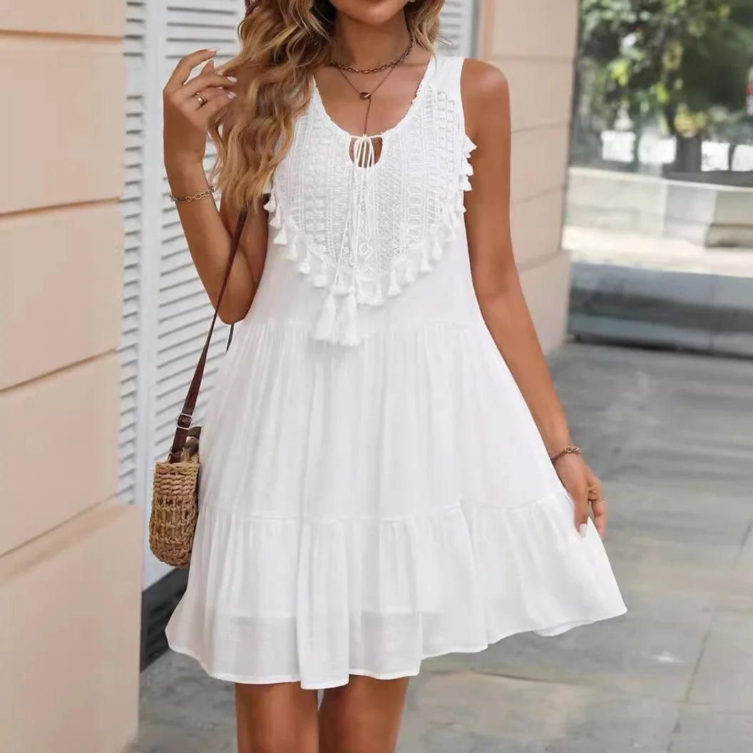 Fashion White Lace Tassel Mini Dresses For Women Splicing Casual Loose V Neck Sleeveless Beach Holiday Sundress Womens