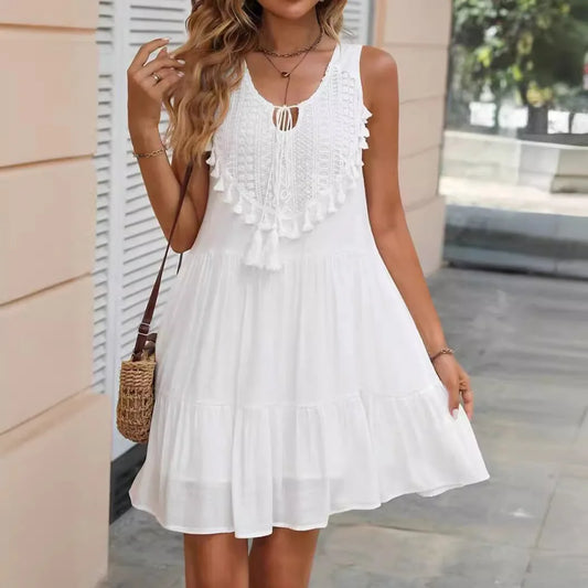 Fashion White Lace Tassel Mini Dresses For Women Splicing Casual Loose V Neck Sleeveless Beach Holiday Sundress Womens