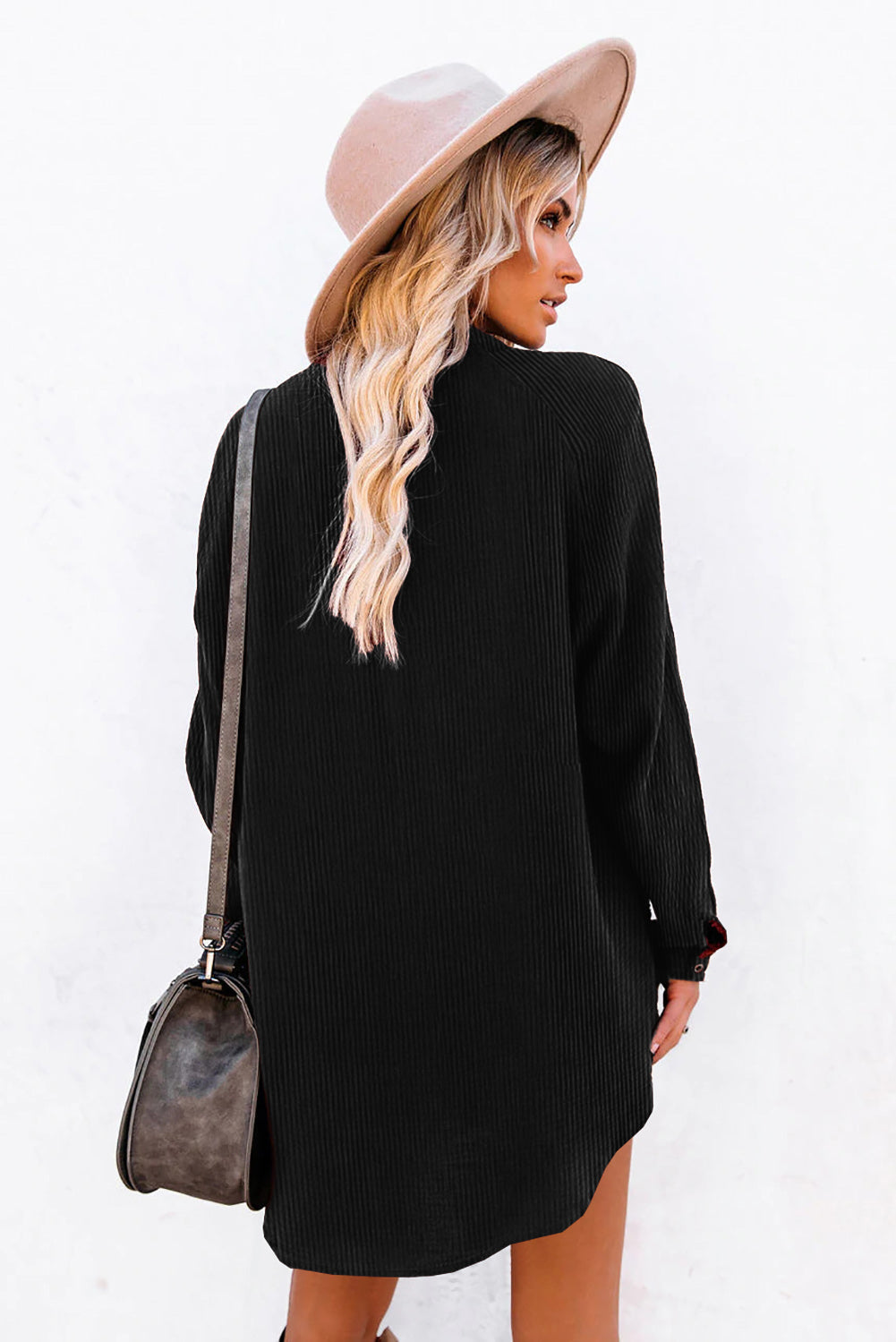Blue Corduroy Shirt Style Full Button Long Sleeve Shift Mini Dress
